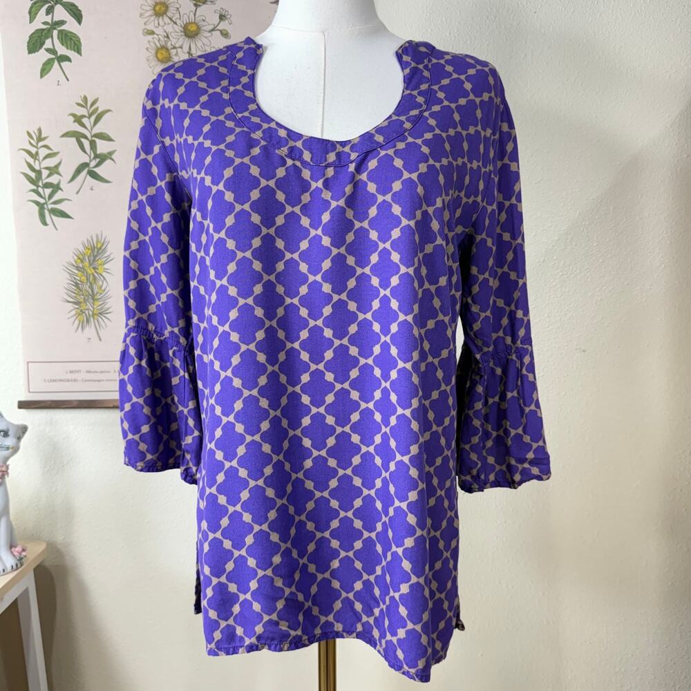 Escapada Purple Print 3/4 Flare Sleeve Top Coastal Grandma Beachy Classic Boho S